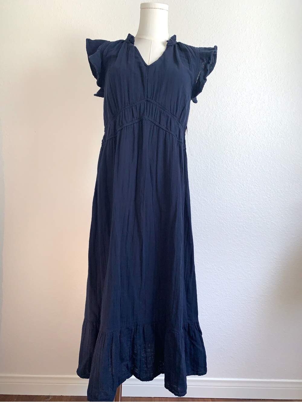 Navy Boho Maxi Dress 100% Gauzy Cotton Size Small NWT